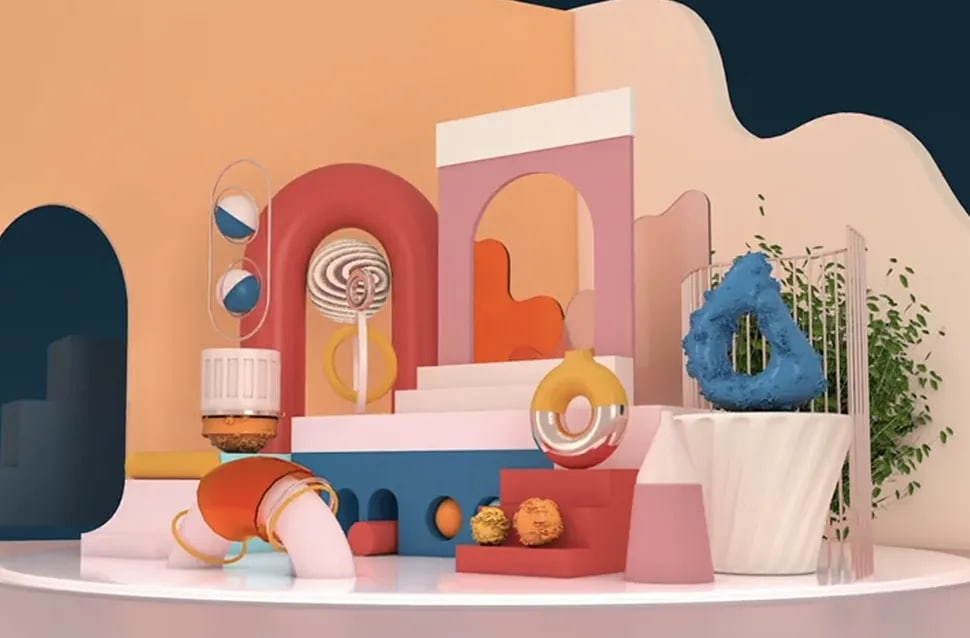 Escena 3D abstracta con formas geométricas de colores, arcos y un caramelo, fundamentos del motion design, módulo de la Carrera en Diseño Gráfico de TRAZOS, escuela de arte digital en Madrid