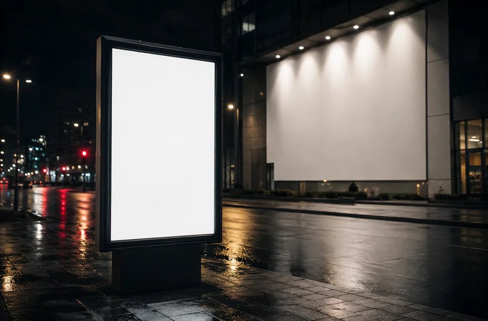 Mupi publicitario iluminado en una calle nocturna junto a una lona de gran formato en una fachada, composición avanzada para campañas, módulo del Máster Avanzado en IA Generativa Aplicada a la Dirección de Arte y Diseño Gráfico de TRAZOS, escuela de arte digital en Madrid