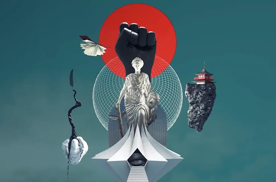 Collage de motion graphics en 3D con un puño negro, una estatua clásica y rocas flotantes, hecho con Cinema 4D, módulo de la Carrera en Diseño Gráfico de TRAZOS, escuela de arte digital en Madrid