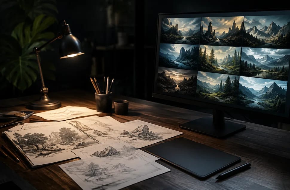 Mesa de dirección de arte con bocetos impresos y una pantalla mostrando variaciones generadas por inteligencia artificial, el nuevo flujo de trabajo, módulo del Máster Avanzado en IA Generativa Aplicada a la Dirección de Arte y Diseño Gráfico de TRAZOS, escuela de arte digital en Madrid