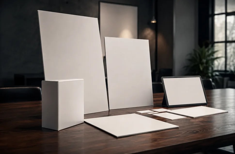 Presentación de campaña 360 grados desplegada sobre una mesa de reunión con gráfica de prensa, packaging y piezas digitales, proyecto final integrado, módulo del Máster Avanzado en IA Generativa Aplicada a la Dirección de Arte y Diseño Gráfico de TRAZOS, escuela de arte digital en Madrid