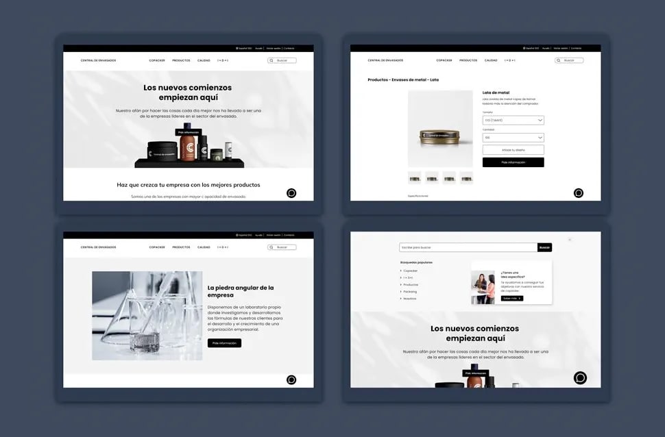 Pantallas de una web de e-commerce de envasados con fichas de producto, APIs avanzadas, módulo del Máster Avanzado en Programación Web y Apps de TRAZOS, escuela de arte digital en Madrid