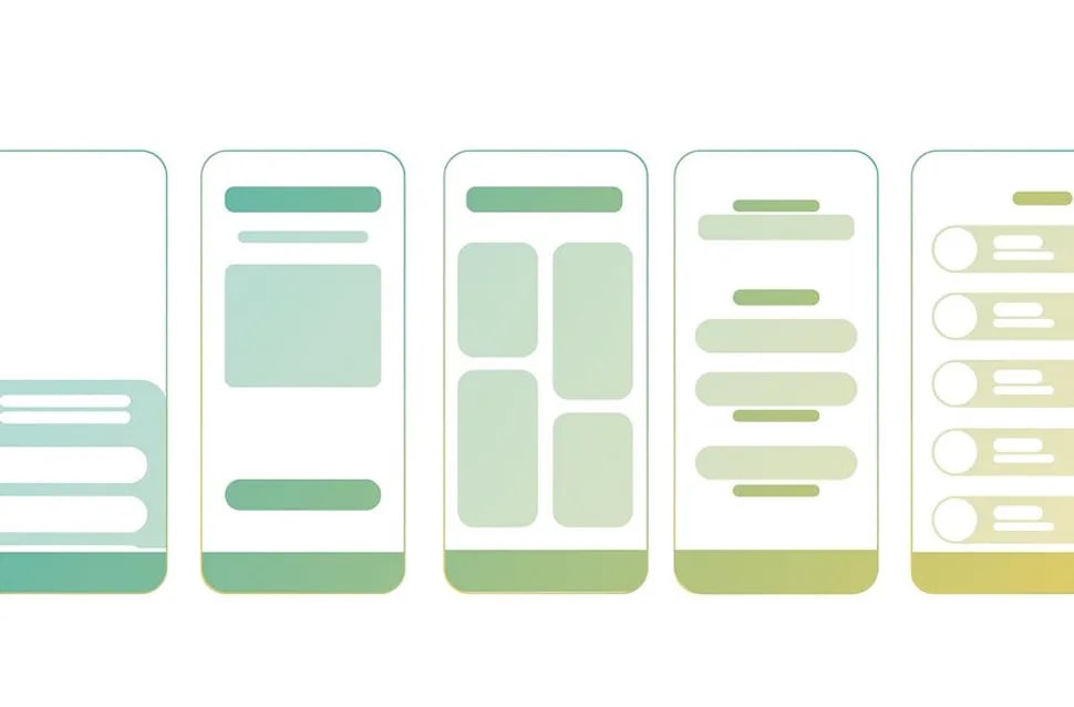 Wireframes de varias pantallas de móvil en degradado verde y amarillo, arquitecturas web avanzadas, módulo del Máster Avanzado en Programación Web y Apps de TRAZOS, escuela de arte digital en Madrid