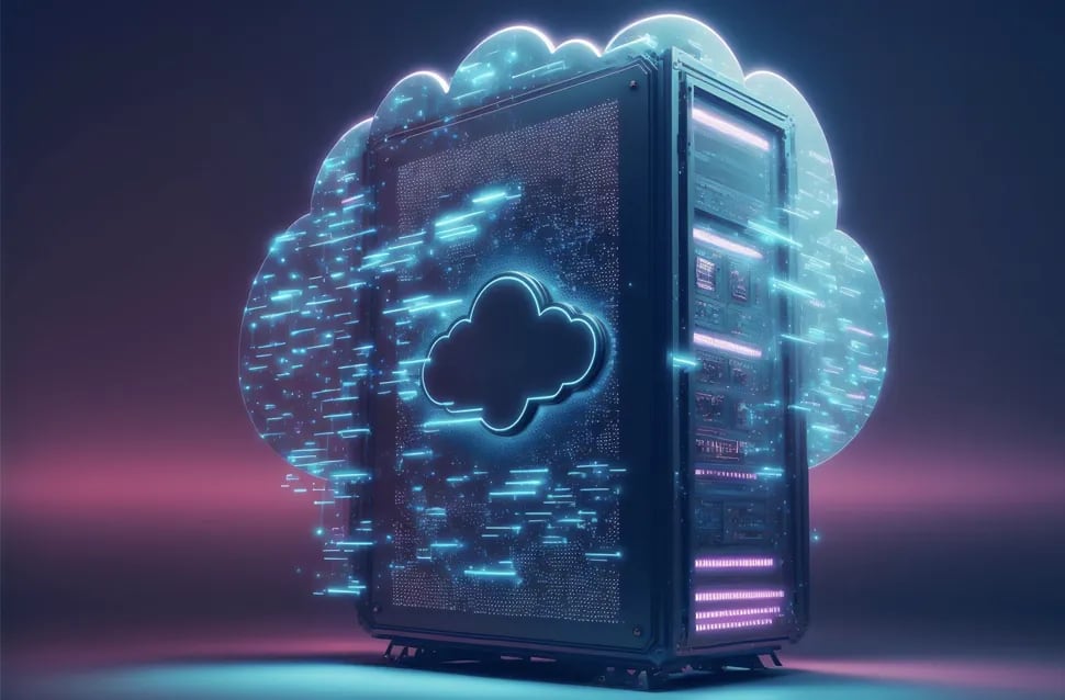 Render 3D de un servidor dentro de una nube luminosa de datos, bases de datos y almacenamiento, módulo del Máster Avanzado en Programación Web y Apps de TRAZOS, escuela de arte digital en Madrid