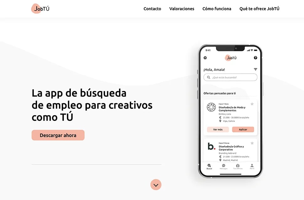Landing de la app de empleo 'JobTÚ' con un móvil mostrando ofertas para creativos, bases de datos y modelado, módulo del Máster en Desarrollo Web Full Stack con React, Node.js e IA de TRAZOS, escuela de arte digital en Madrid
