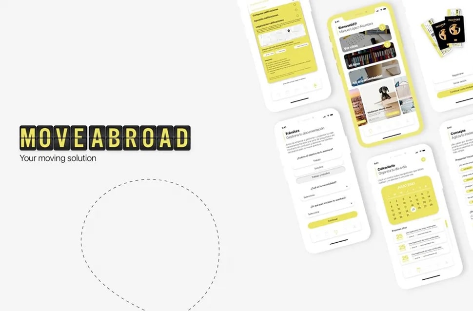 Mockup de la app 'Move Abroad' con pantallas de interfaz en amarillo, front-end con React, módulo del Máster en Desarrollo Web Full Stack con React, Node.js e IA de TRAZOS, escuela de arte digital en Madrid
