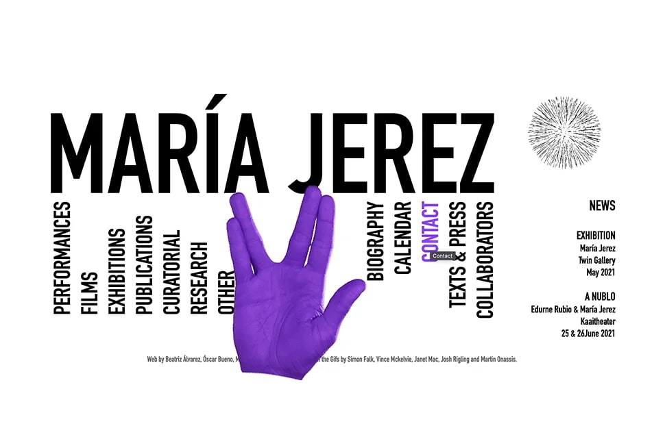 Web de portfolio de la artista María Jerez con tipografía grande y una mano morada, full stack avanzado, módulo del Máster Avanzado en Programación Web y Apps de TRAZOS, escuela de arte digital en Madrid