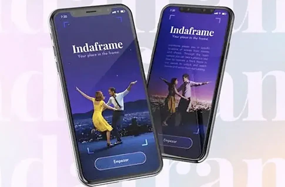 Mockup de la app 'Indaframe' en dos móviles con interfaz morada y pantalla de bienvenida, fundamentos de UX/UI, módulo del Máster en UX/UI de TRAZOS, escuela de arte digital en Madrid