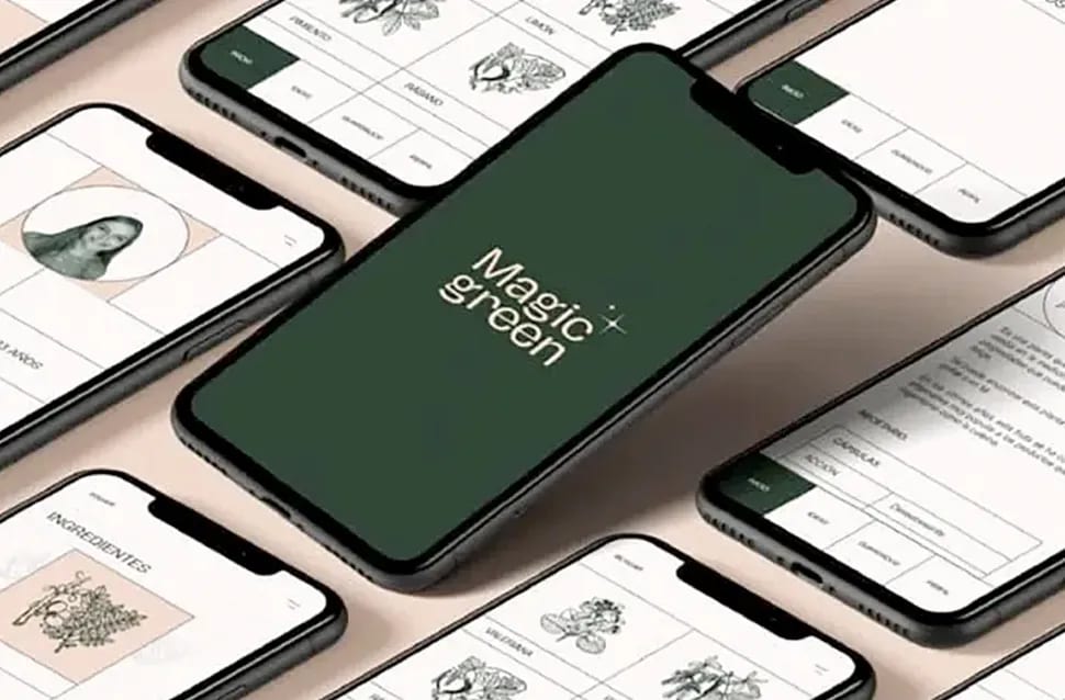 Mockup isométrico de la app 'Magic green' en varios móviles con interfaz verde oscuro, interactividad y arquitectura de la información, módulo del Máster en UX/UI de TRAZOS, escuela de arte digital en Madrid