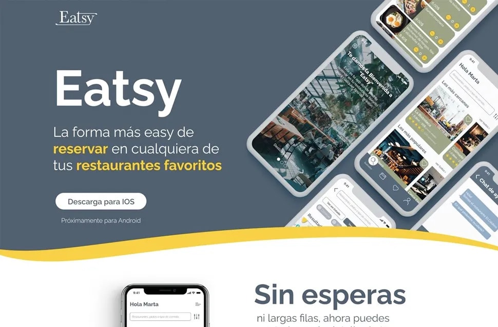 Landing de la app de reservas de restaurantes 'Eatsy' con varios móviles mostrando la interfaz, proyecto final full stack, módulo del Máster en Desarrollo Web Full Stack con React, Node.js e IA de TRAZOS, escuela de arte digital en Madrid