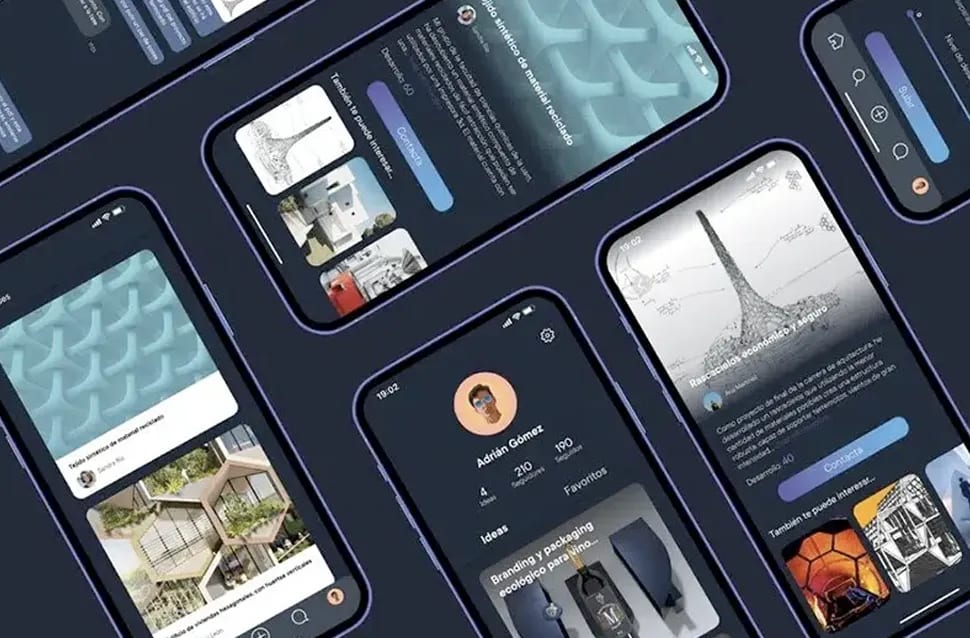 Pantallas de una app de tema oscuro con perfil de usuario y tarjetas de diseño, UI design y prototipado, módulo del Máster en UX/UI de TRAZOS, escuela de arte digital en Madrid