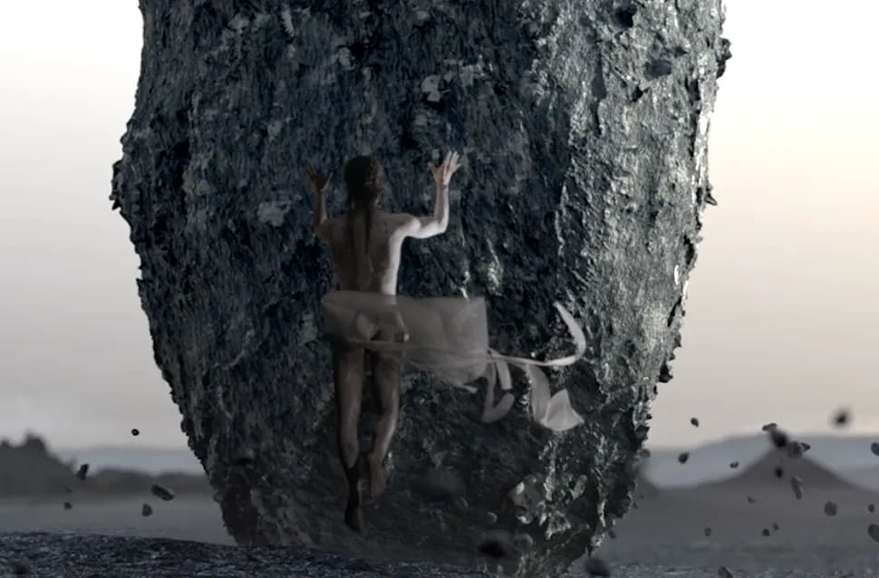 Composición en Nuke de una figura humana aferrada a una gran roca flotante en un paisaje desolado, módulo de la Doble Carrera en Postproducción de TRAZOS, escuela de arte digital en Madrid