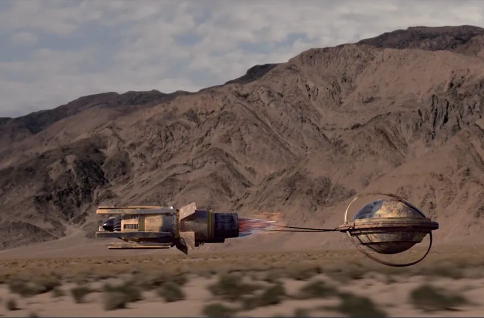 Plano de ciencia ficción con corrección de color de una nave retro volando sobre un desierto montañoso, módulo de la Doble Carrera en Postproducción de TRAZOS, escuela de arte digital en Madrid