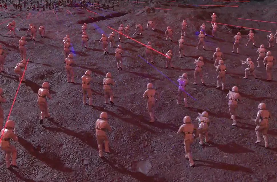 Simulación de multitudes (crowds) con cientos de soldados corriendo por un campo de batalla con disparos láser, módulo de la Doble Carrera en Postproducción de TRAZOS, escuela de arte digital en Madrid