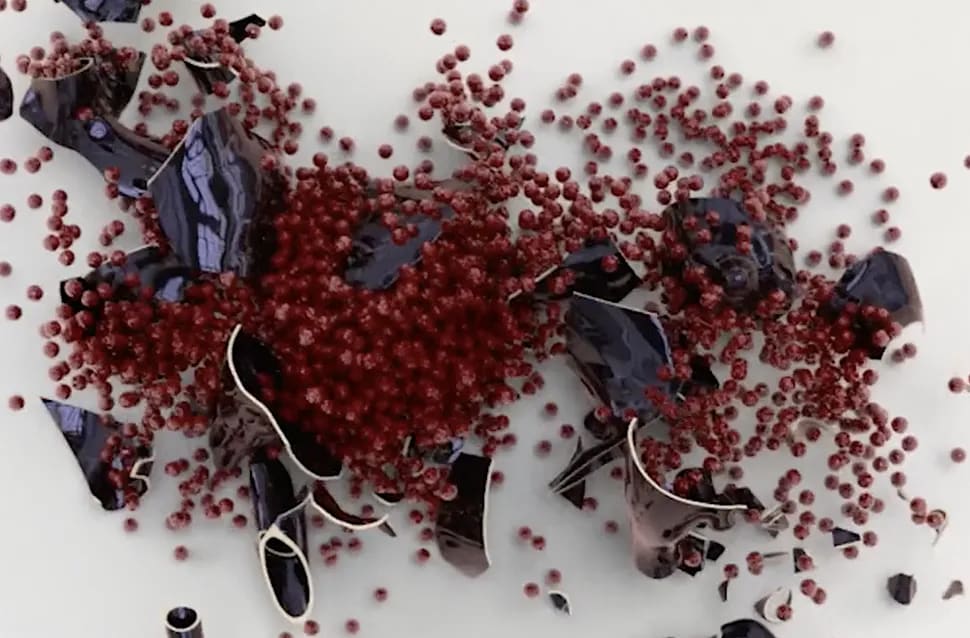 Simulación de cuerpos rígidos RBD con esferas rojas y fragmentos oscuros dispersándose sobre una superficie blanca, módulo de la Doble Carrera en Postproducción de TRAZOS, escuela de arte digital en Madrid