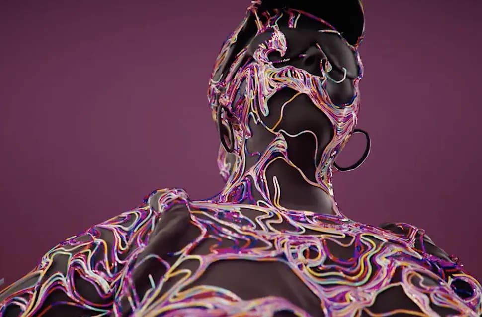 Modelado con VDB de un busto cubierto de líneas de líquido multicolor sobre fondo violeta, módulo de la Doble Carrera en Postproducción de TRAZOS, escuela de arte digital en Madrid