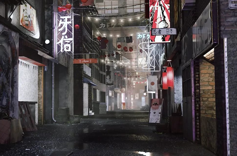Composición de un callejón japonés nocturno con luces de neón, farolillos rojos y lluvia, módulo de la Doble Carrera en Postproducción de TRAZOS, escuela de arte digital en Madrid