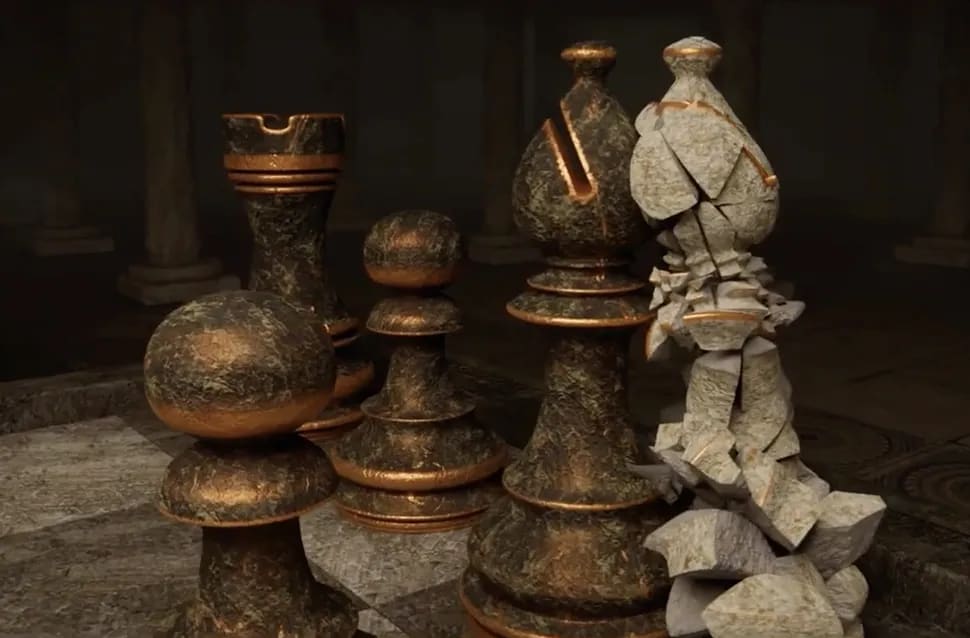 Simulación de destrucción con piezas de ajedrez de piedra y bronce, una rompiéndose en fragmentos, módulo de la Doble Carrera en Postproducción de TRAZOS, escuela de arte digital en Madrid