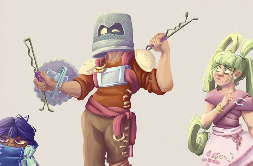 Diseño de tres personajes de cómic, uno con un casco-cubo y herramientas, una criatura de pelo morado y una chica de pelo verde, módulo de la Doble Carrera en Ilustración, Concept Art, 3D y Animación de TRAZOS, escuela de arte digital en Madrid