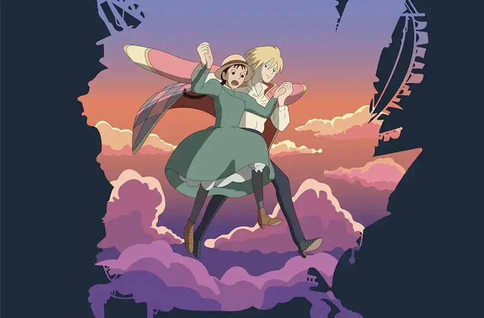 Ilustración digital de estilo Ghibli con dos personajes volando entre nubes al atardecer, módulo de la Doble Carrera en Ilustración, Concept Art, 3D y Animación de TRAZOS, escuela de arte digital en Madrid