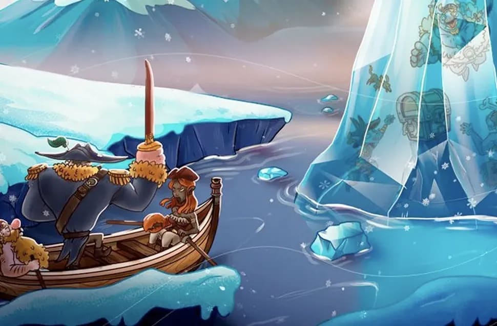 Ilustración narrativa de dos vikingos en una barca de madera entre icebergs en un mar helado con tesoros congelados, módulo de la Doble Carrera en Ilustración, Concept Art, 3D y Animación de TRAZOS, escuela de arte digital en Madrid