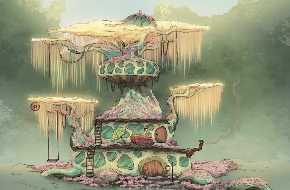 Ilustración de fantasía de una casa-seta sobre un caracol en un bosque neblinoso con cerezos en flor e islas flotantes, módulo de la Doble Carrera en Ilustración, Concept Art, 3D y Animación de TRAZOS, escuela de arte digital en Madrid