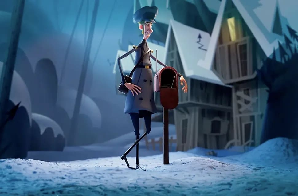 Personaje animado estilizado, un cartero alto con pata de palo y abrigo azul junto a un buzón rojo en un pueblo nevado de noche, módulo de la Carrera en Videojuegos de TRAZOS, escuela de arte digital en Madrid