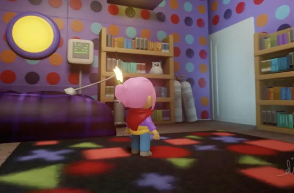 Escena 3D de un juego móvil con un personaje de pelo rosa y capa roja sosteniendo una antorcha en un dormitorio infantil de lunares de colores, módulo de la Carrera en Videojuegos de TRAZOS, escuela de arte digital en Madrid