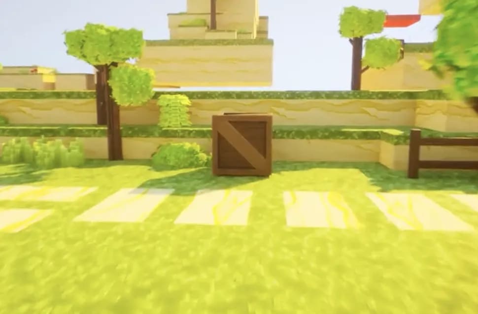 Nivel de videojuego de plataformas con estética low poly, con bloques de hierba, árboles y una caja de madera bajo el sol, módulo de la Carrera en Videojuegos de TRAZOS, escuela de arte digital en Madrid