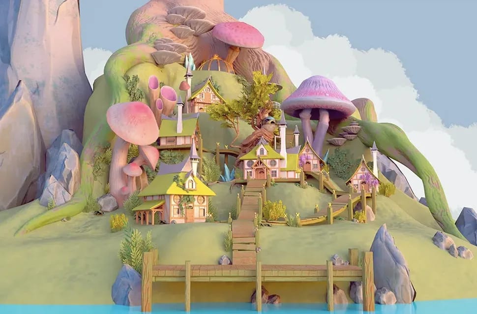 Escenario de fantasía en 3D con casas de seta, colinas verdes y un embarcadero de madera sobre el agua, módulo de la Carrera en Videojuegos de TRAZOS, escuela de arte digital en Madrid
