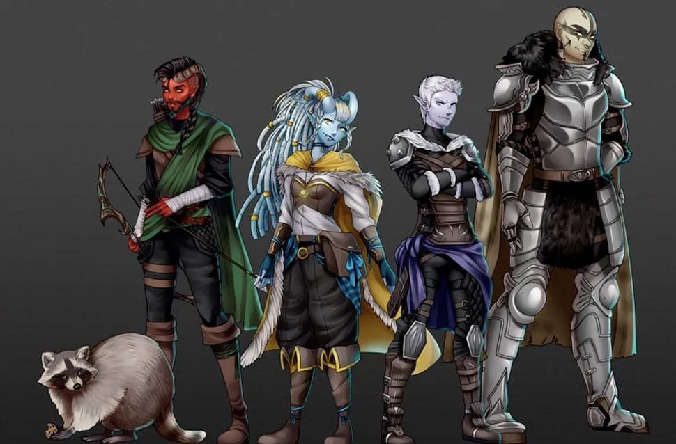 Diseño de personajes de videojuego con cuatro héroes de fantasía (un arquero, una criatura azul con plumas, una guerrera élfica y un caballero con armadura) junto a un mapache, módulo de la Carrera en Videojuegos de TRAZOS, escuela de arte digital en Madrid