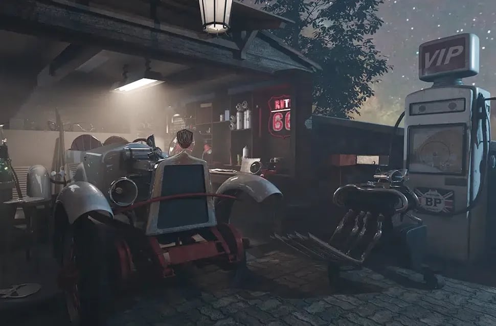 Entorno 3D de un taller nocturno con un coche antiguo, un surtidor de gasolina y un cartel de la Ruta 66, módulo de la Carrera en Videojuegos de TRAZOS, escuela de arte digital en Madrid