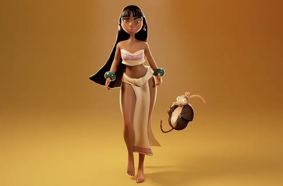 Escultura 3D estilizada en ZBrush de una joven de pelo largo con un pequeño personaje tipo ratón, módulo de la Carrera en Videojuegos de TRAZOS, escuela de arte digital en Madrid