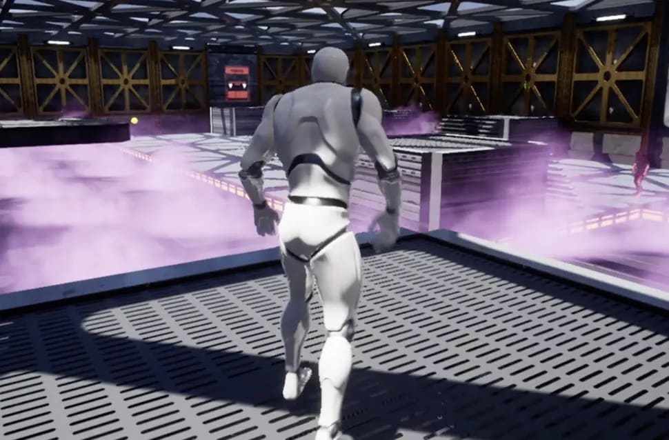 Personaje humanoide blanco corriendo por una arena futurista con niebla morada, integración de juego en Unreal Engine, módulo de la Carrera en Videojuegos de TRAZOS, escuela de arte digital en Madrid