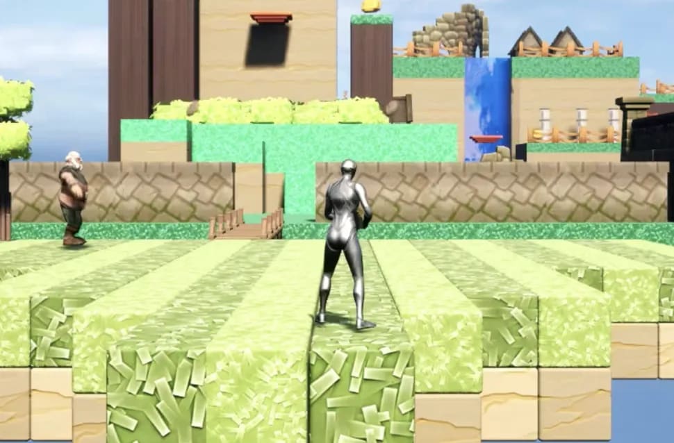 Nivel de plataformas en 3D con un personaje cromado sobre bloques de hierba y un personaje secundario, demo de programación con C++, módulo de la Carrera en Videojuegos de TRAZOS, escuela de arte digital en Madrid