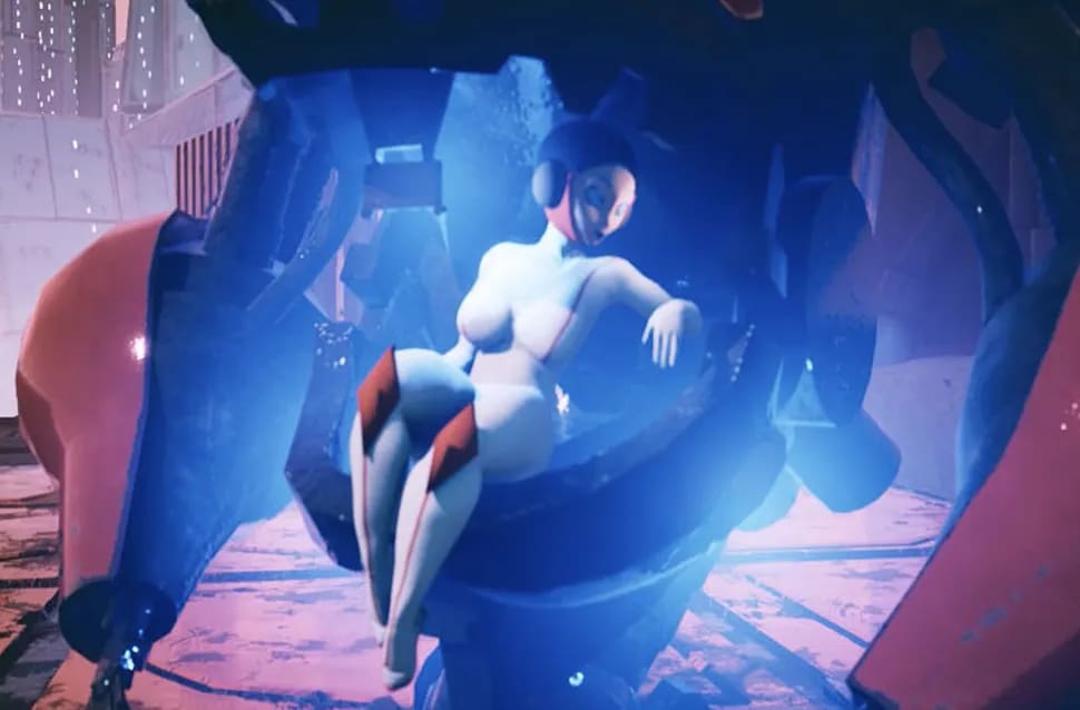 Escena de ciencia ficción con una androide blanca y roja sentada en la cabina de un mecha con iluminación azul, módulo de la Carrera en Videojuegos de TRAZOS, escuela de arte digital en Madrid