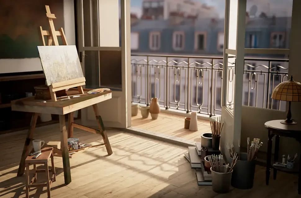 Estudio de pintor en 3D con un caballete, materiales realistas y un balcón con vistas a tejados parisinos bajo luz cálida, módulo de la Carrera en Videojuegos de TRAZOS, escuela de arte digital en Madrid