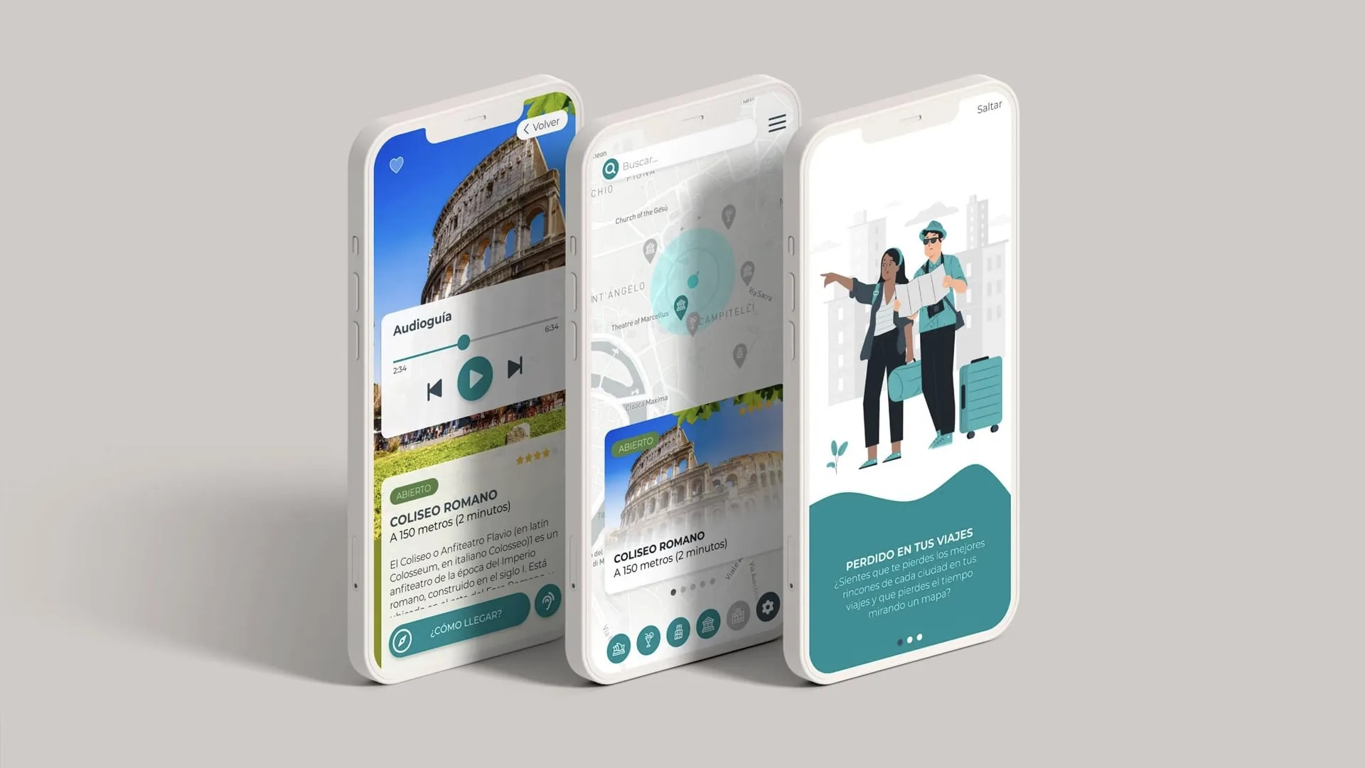 Diseño de una app de guía de viaje con audioguía y mapa interactivo, pantallas del asistente virtual turístico, trabajo de Iván Carnero, profesor de Diseño Gráfico de TRAZOS, escuela de arte digital en Madrid