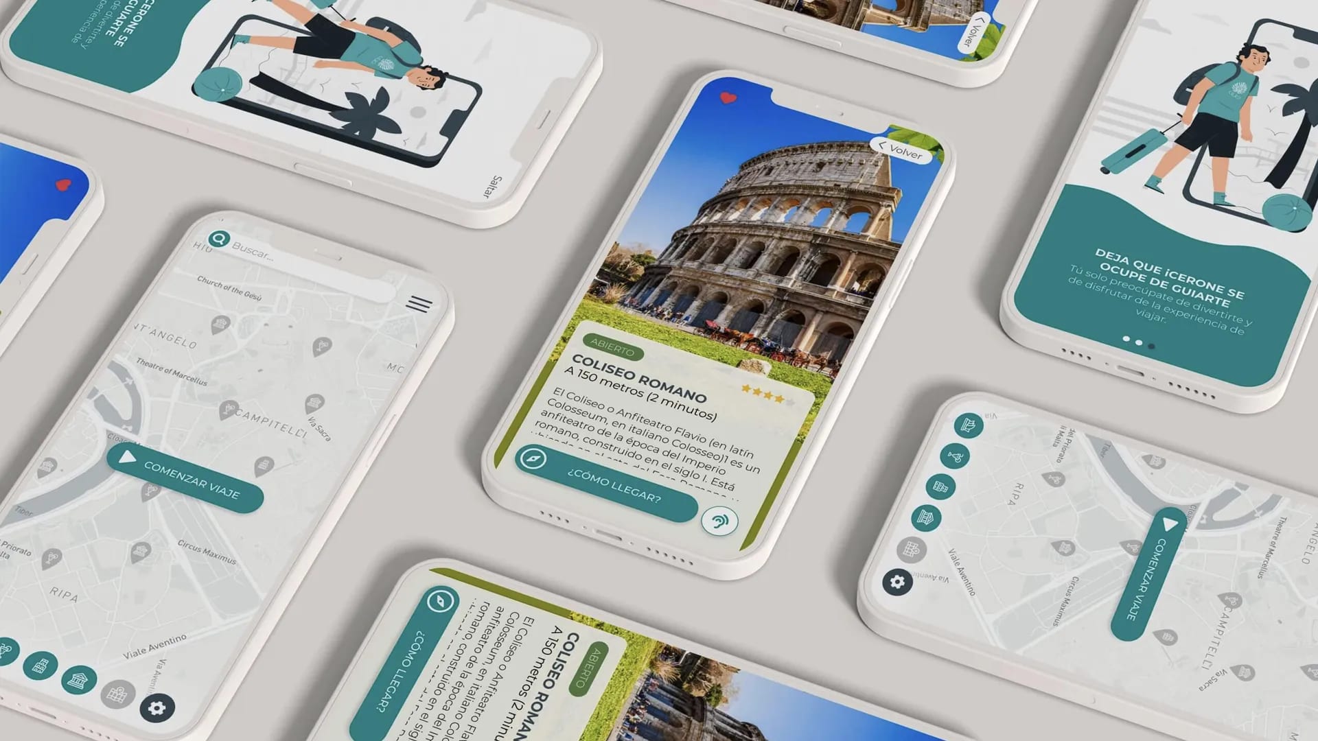 Composición de pantallas UI de la app de asistente virtual turístico, trabajo de Iván Carnero, profesor de Diseño Gráfico de TRAZOS, escuela de arte digital en Madrid