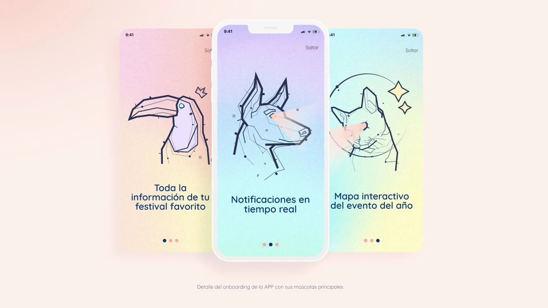 Diseño de app: pantallas de onboarding de una app de festival con ilustraciones de mascotas y notificaciones en tiempo real, trabajo de Iván Carnero, profesor de Diseño Gráfico de TRAZOS, escuela de arte digital en Madrid