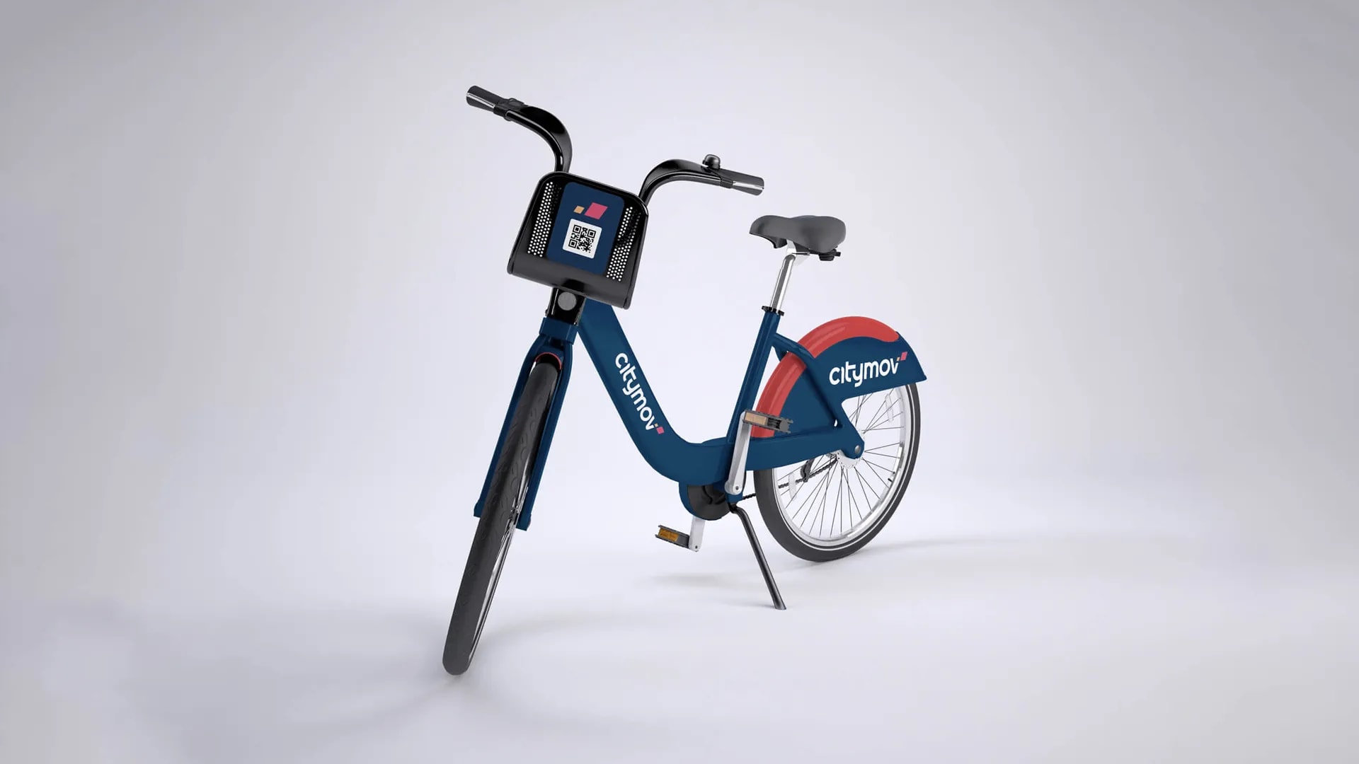 Render 3D de una bicicleta de movilidad urbana compartida de la marca Citymov, trabajo de Iván Carnero, profesor de Diseño Gráfico de TRAZOS, escuela de arte digital en Madrid