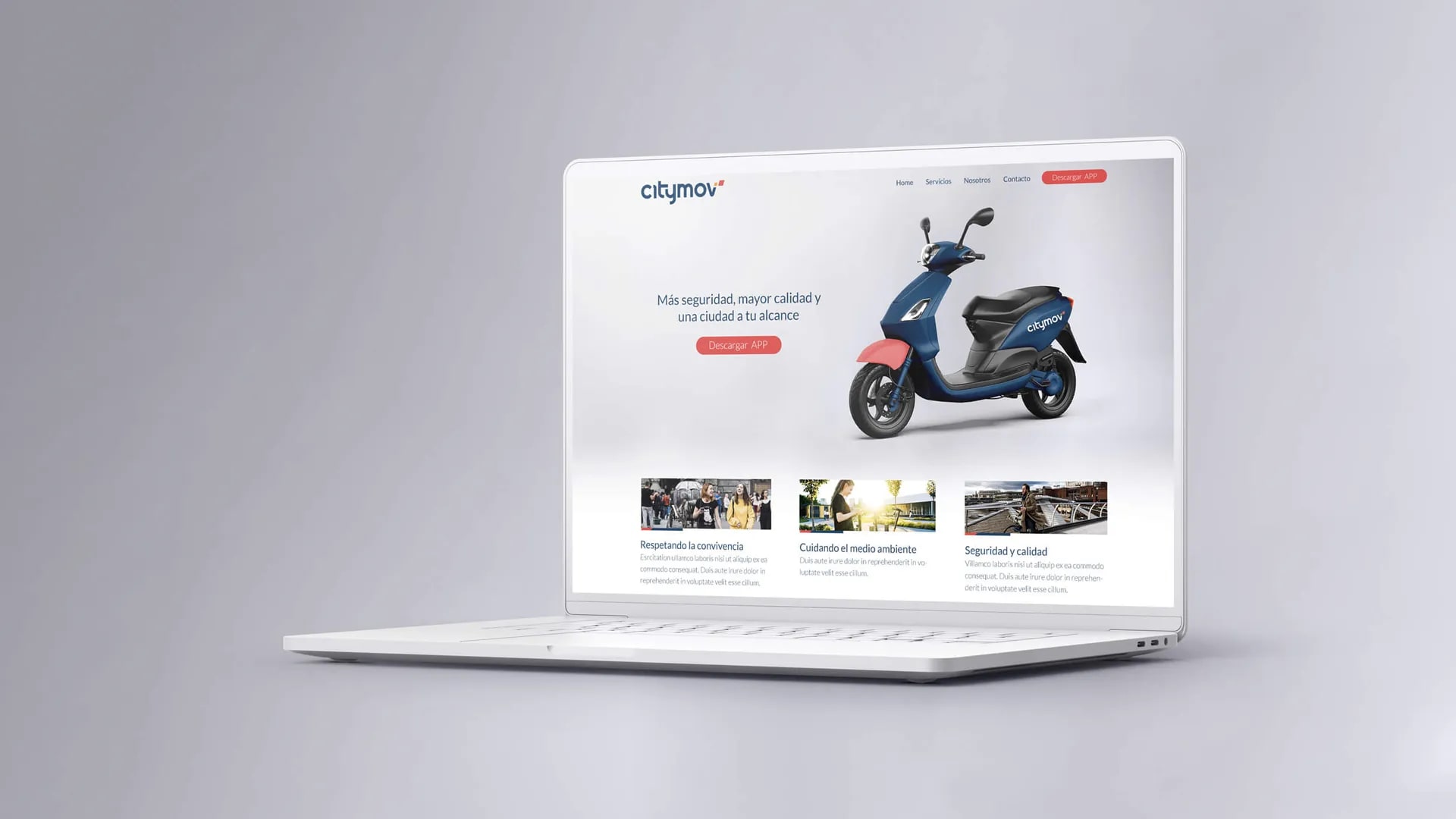 Diseño de la web de la marca de movilidad urbana Citymov mostrada en un portátil, trabajo de Iván Carnero, profesor de Diseño Gráfico de TRAZOS, escuela de arte digital en Madrid