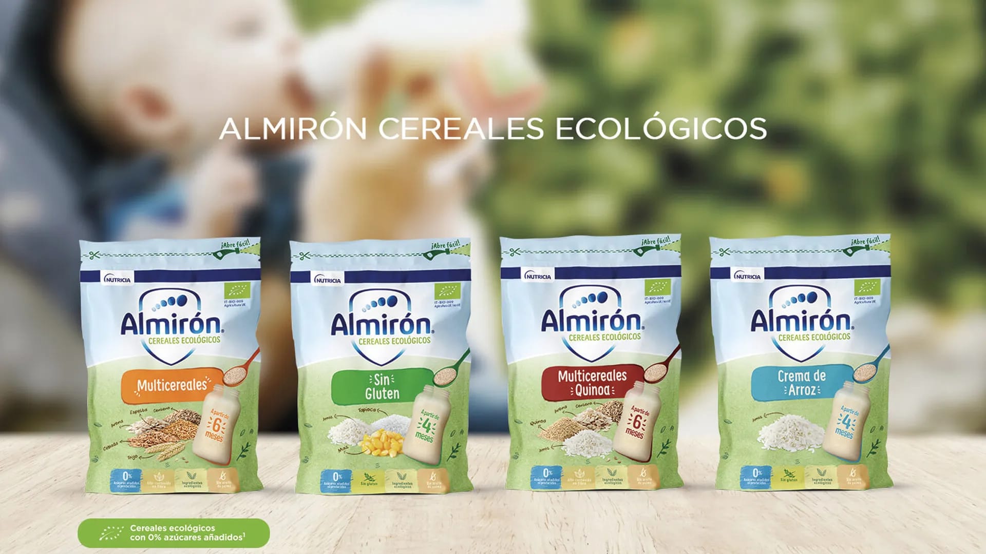 Diseño de packaging de la gama de cereales ecológicos Almirón sobre fondo natural, trabajo de Iván Carnero, profesor de Diseño Gráfico de TRAZOS, escuela de arte digital en Madrid