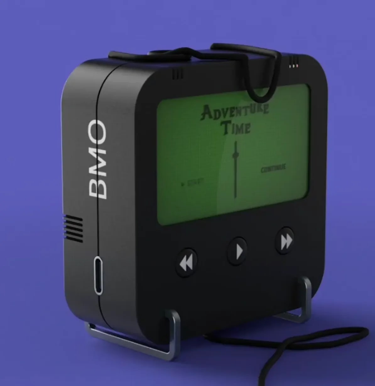 Render 3D de un dispositivo portátil retro estilo BMO de Hora de Aventuras, trabajo de Jorge Asso, profesor de Motion Graphics de TRAZOS, escuela de arte digital en Madrid
