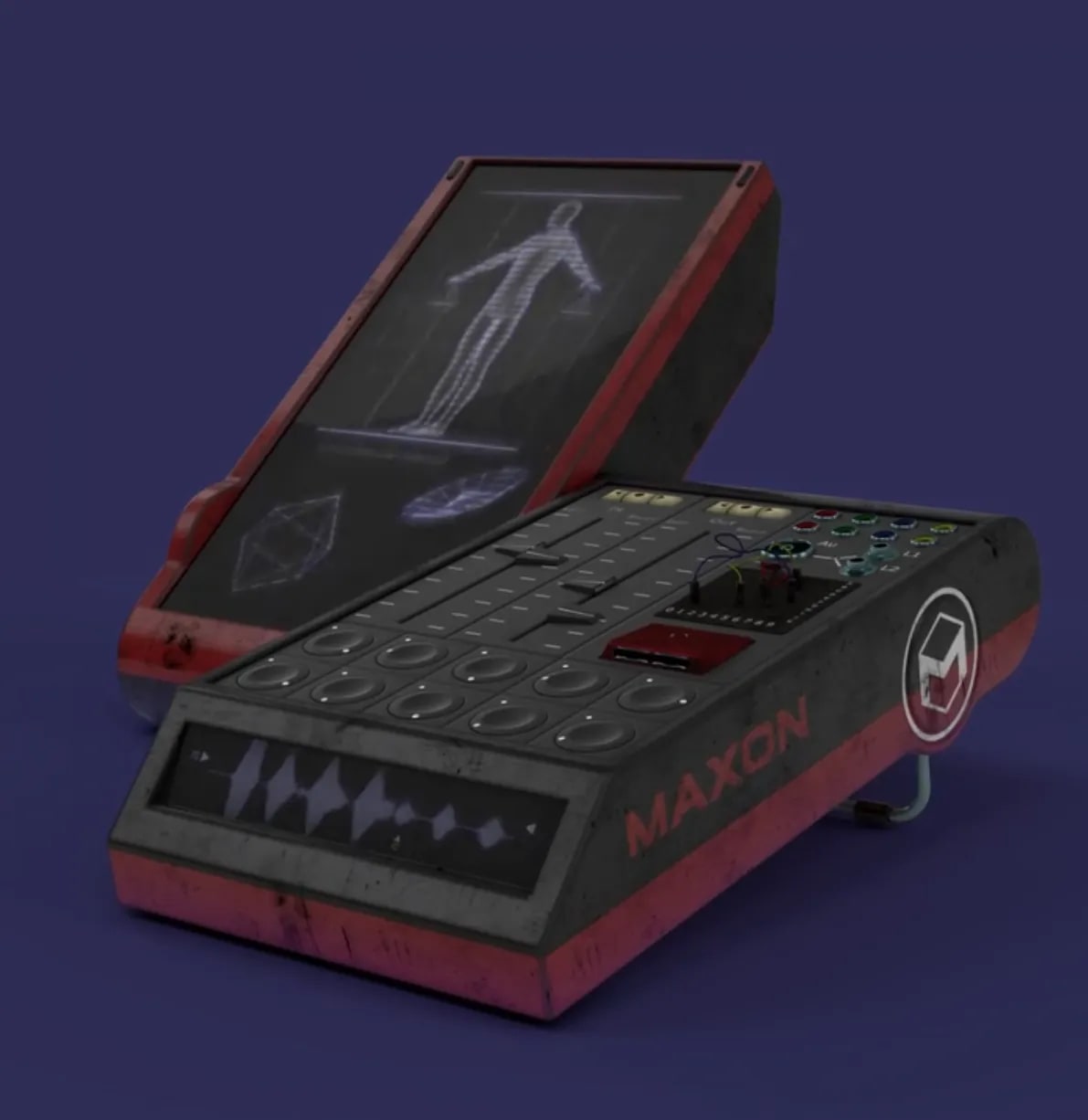 Render 3D de una mesa de mezclas retro con la marca Maxon y una figura holográfica en la pantalla, trabajo de Jorge Asso, profesor de Motion Graphics de TRAZOS, escuela de arte digital en Madrid