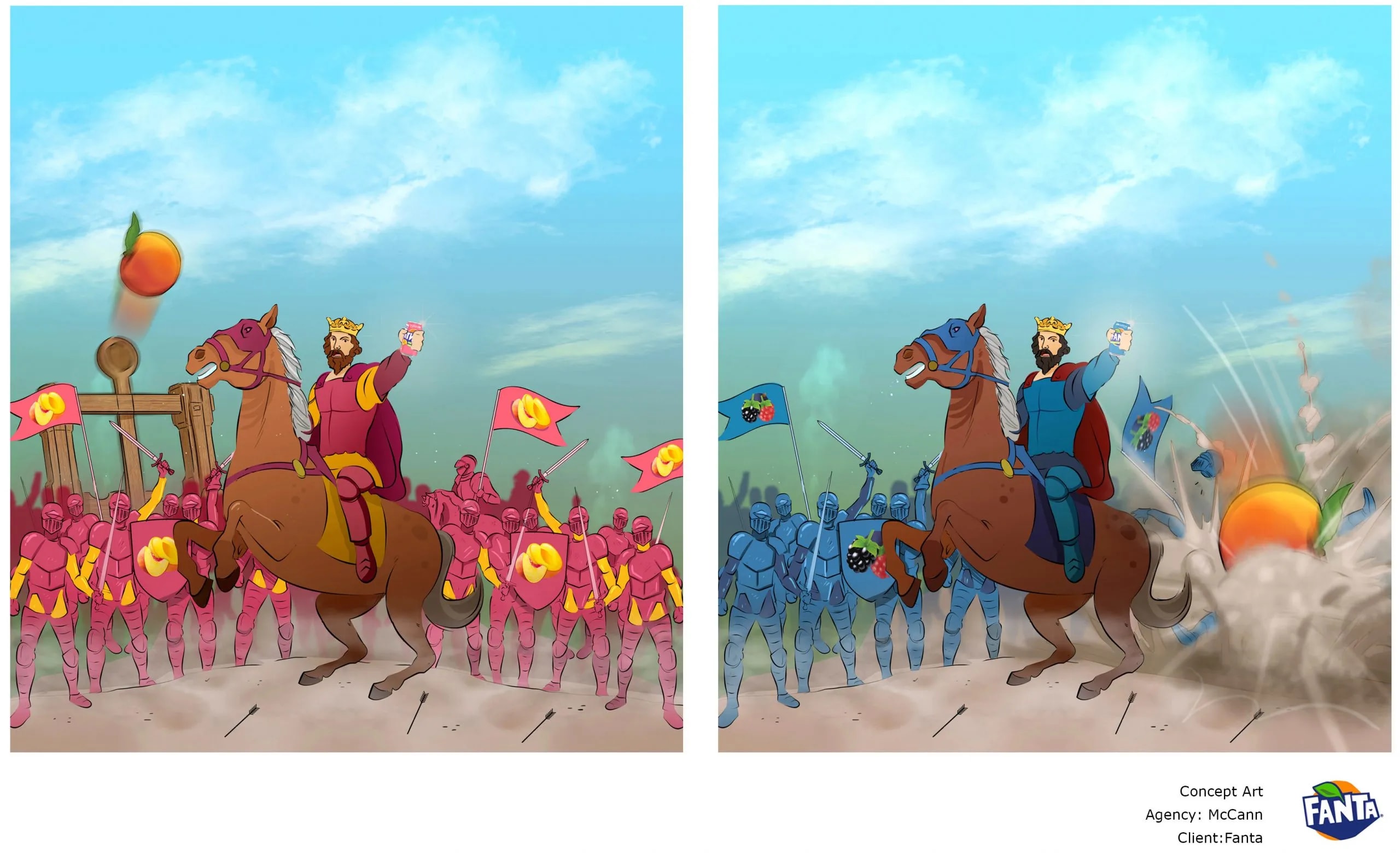 Concept art de la campaña publicitaria de Fanta con reyes y ejércitos medievales de sabores, trabajo de José Antonio Casal, profesor de Concept Art e Ilustración de TRAZOS, escuela de arte digital en Madrid