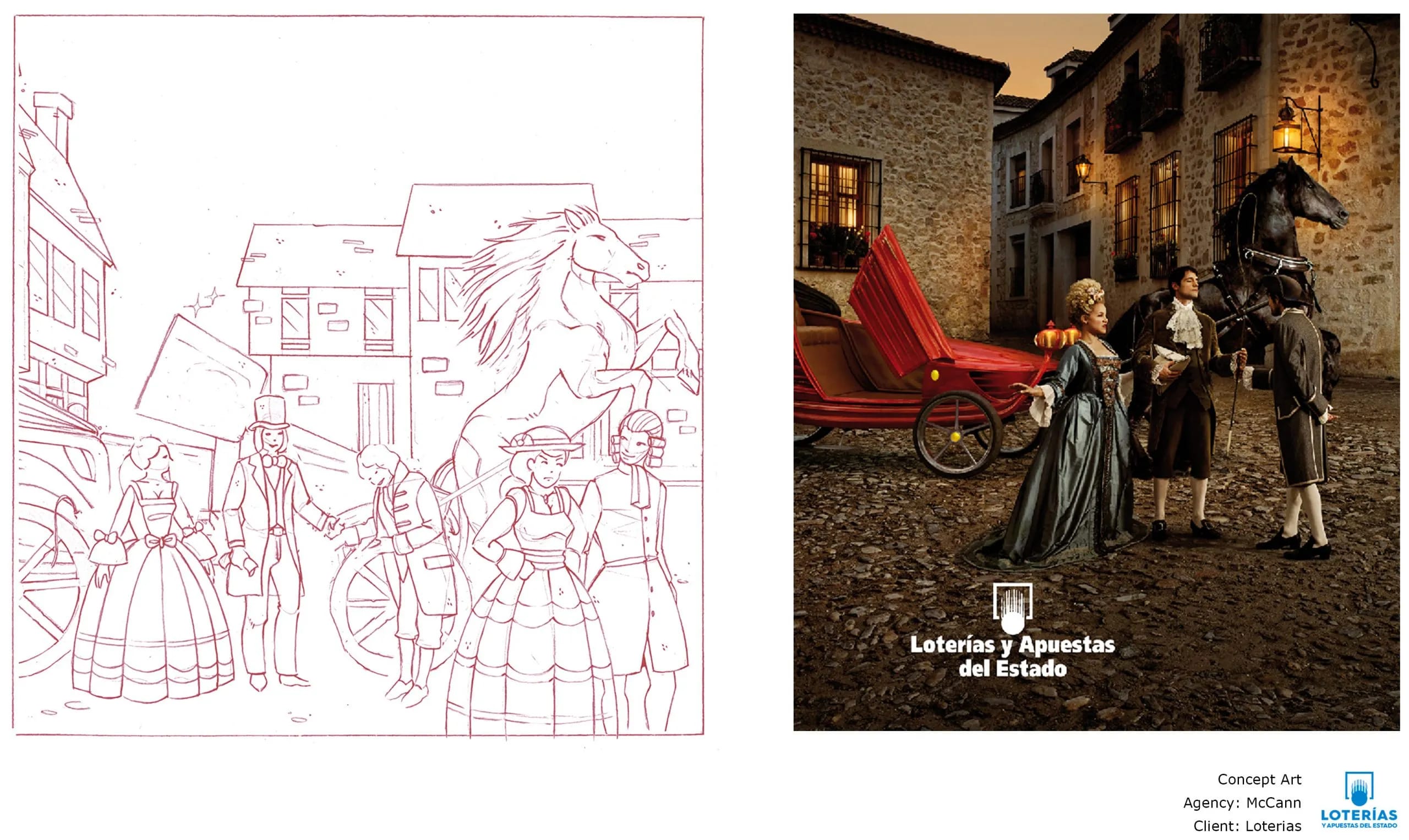Concept art de la campaña de Loterías y Apuestas del Estado con una escena de época y un carruaje, trabajo de José Antonio Casal, profesor de Concept Art e Ilustración de TRAZOS, escuela de arte digital en Madrid