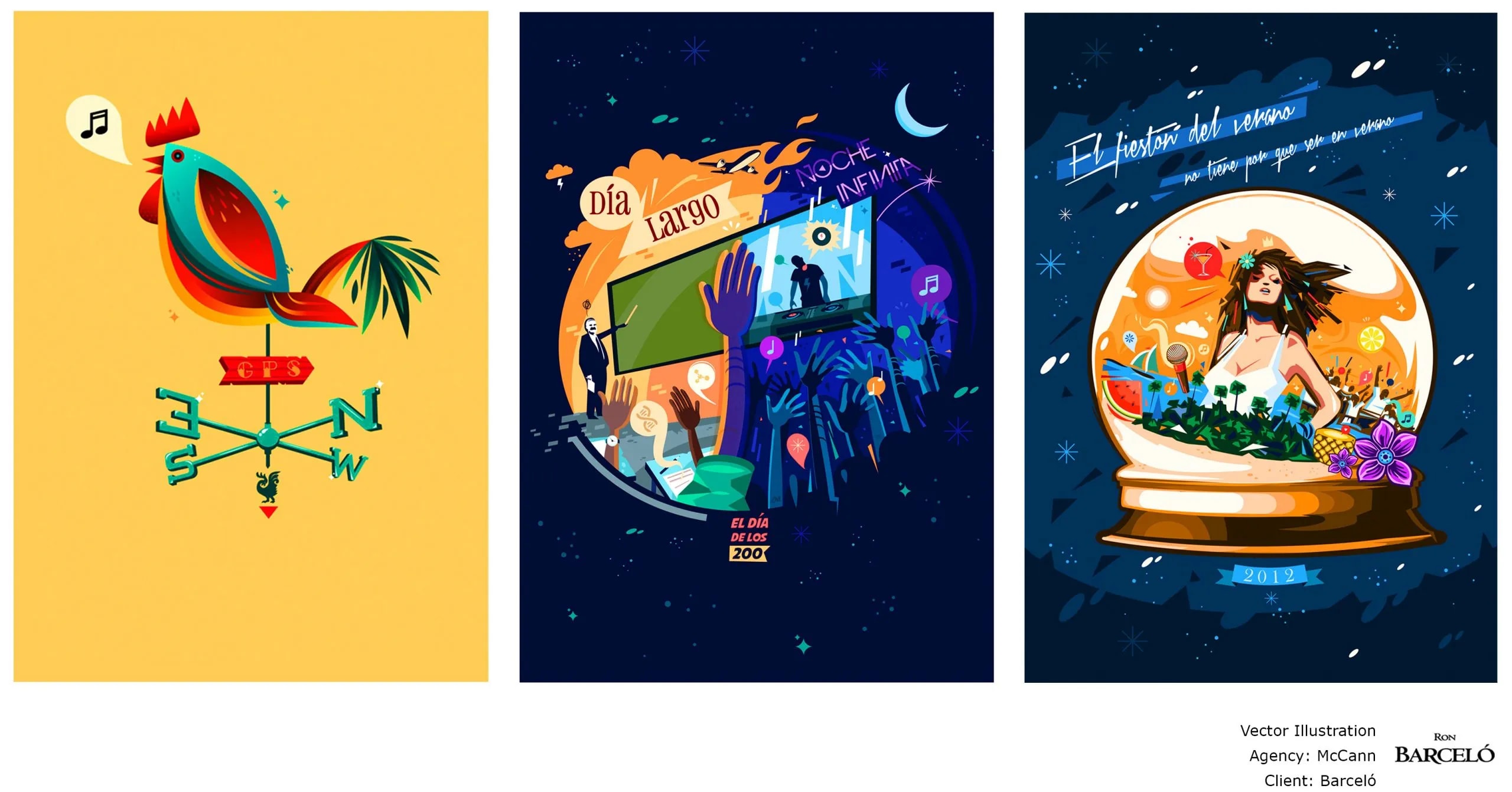 Ilustraciones vectoriales de la campaña de Ron Barceló, trabajo de José Antonio Casal, profesor de Concept Art e Ilustración de TRAZOS, escuela de arte digital en Madrid