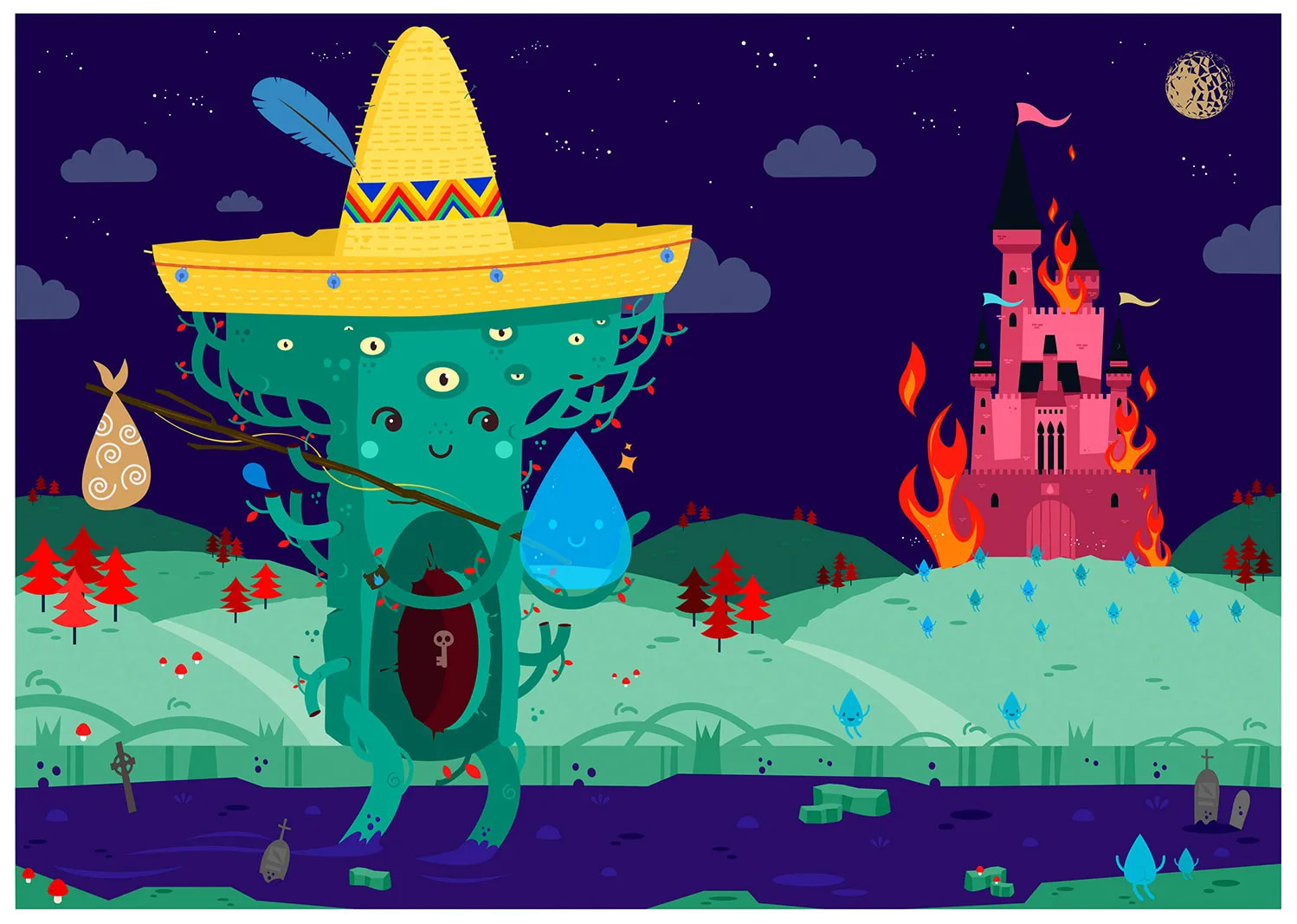 Ilustración digital de una criatura con sombrero frente a un castillo en llamas en un paisaje nocturno, trabajo de José Antonio Casal, profesor de Concept Art e Ilustración de TRAZOS, escuela de arte digital en Madrid