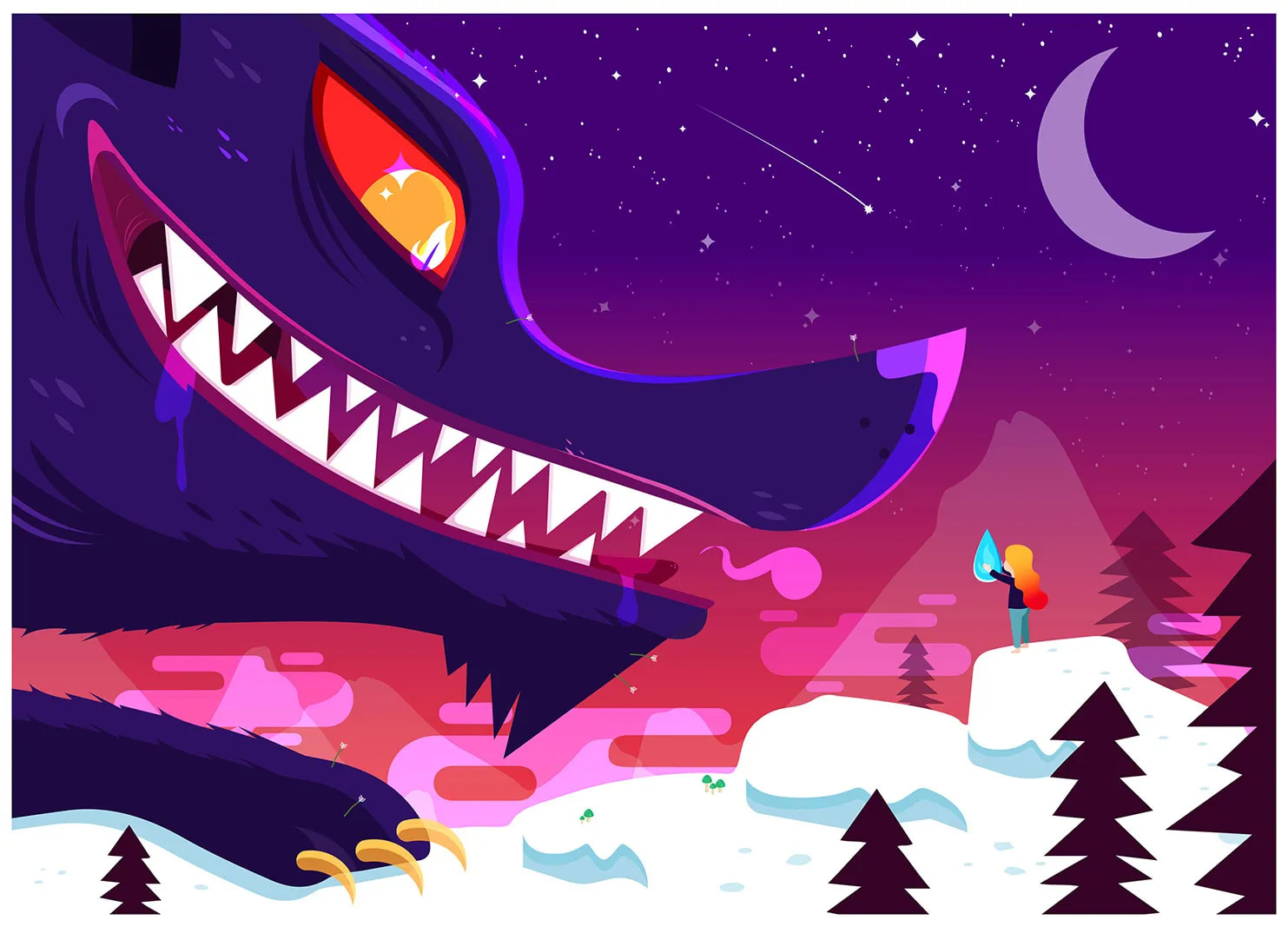 Ilustración vectorial de una niña ante una criatura gigante en un paisaje nevado nocturno, trabajo de José Antonio Casal, profesor de Concept Art e Ilustración de TRAZOS, escuela de arte digital en Madrid